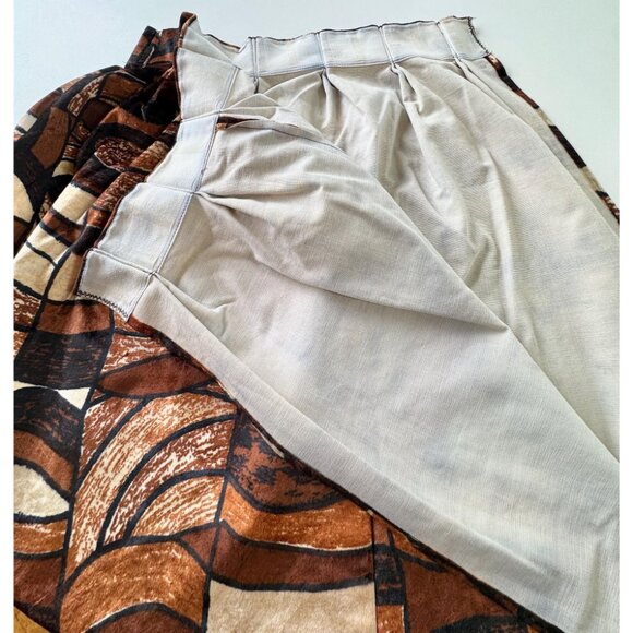 Vintage 70s pleated curtains, brown, rust, tan abstract pattern, velvet, pair - Picture 7 of 10